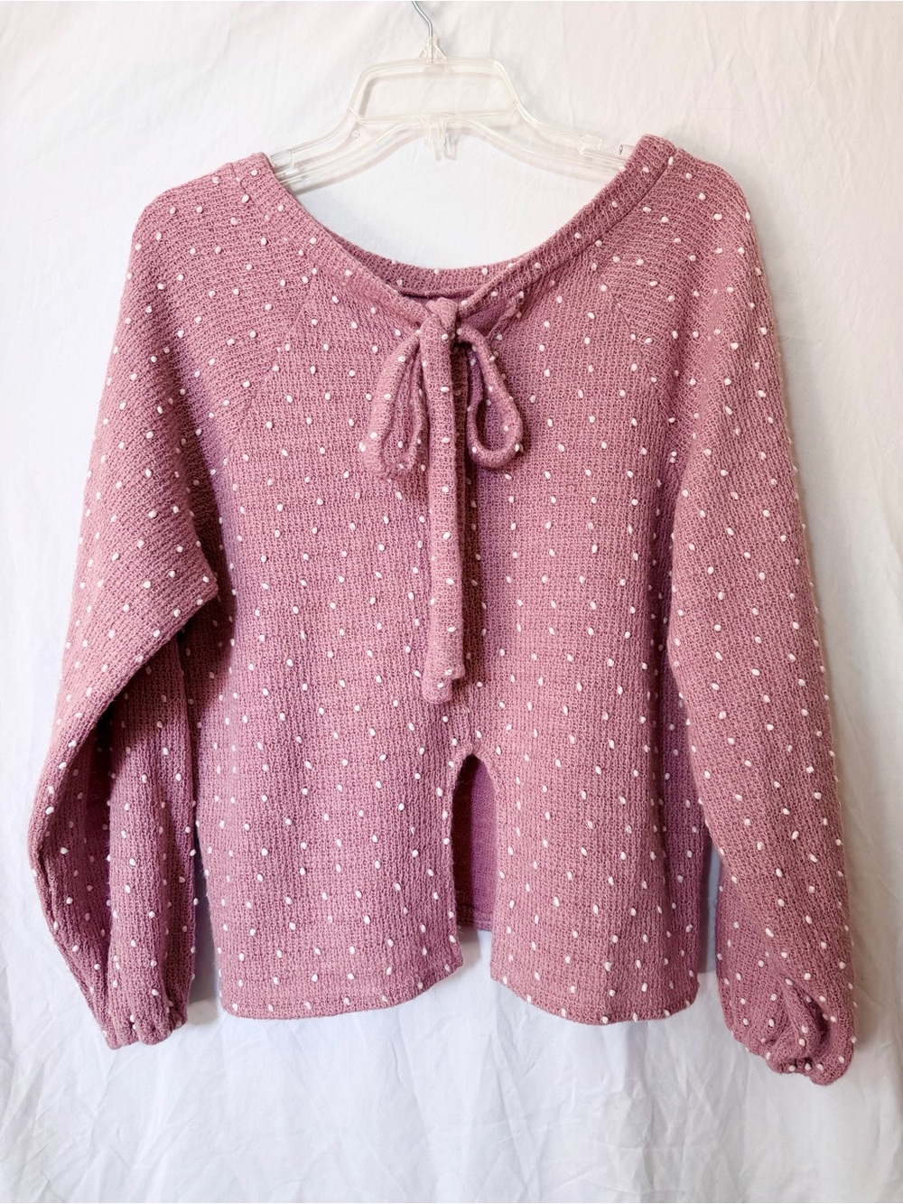 Pink Swiss Dot Tie Back Sweater Balloon Sleeve Small